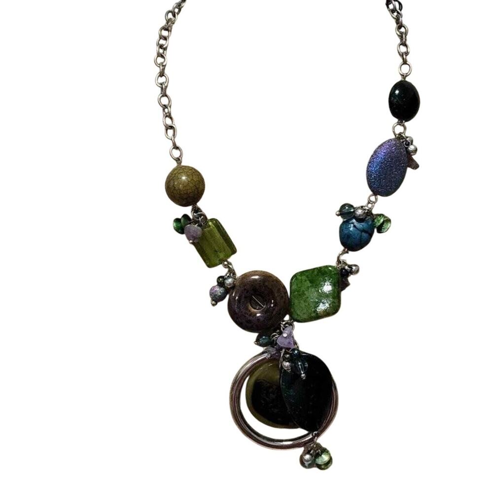 Treska Boho Chunky Mixed Bead Statement Necklace Green Blue Purple Silver NWT - Picture 3 of 7
